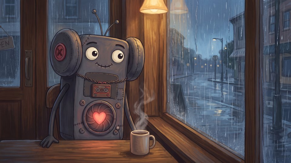 Boombeau, a stitched grey speaker toy with a glowing heart, sits at a cafe table with a steaming mug beside a rain-streaked window.