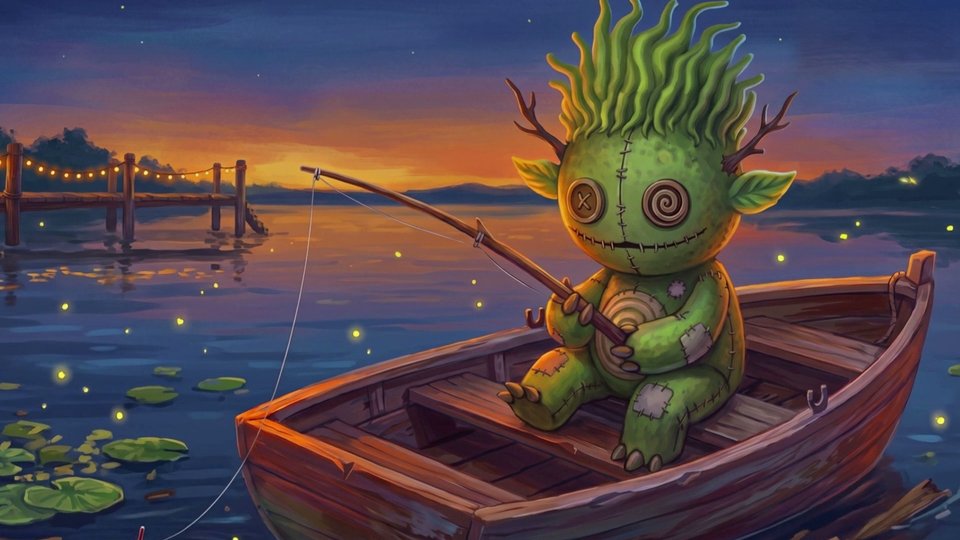 Tanglewood, a green stitched creature with moss hair, sits in a wooden rowing boat holding a fishing rod at dusk, with a string-lit dock and fireflies behind him.