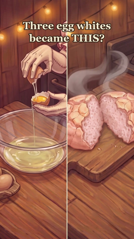 Opening frame of Belle's pink cloud bread reel, split in two: on the left Belle's stitched cloth hands crack an egg over a glass bowl, the white falling in a thin stream while she holds back the yolk; on the right a steaming pink cloud loaf with a crackled golden crust torn open on a wooden board, under the words &ldquo;Three egg whites became THIS?&rdquo;.