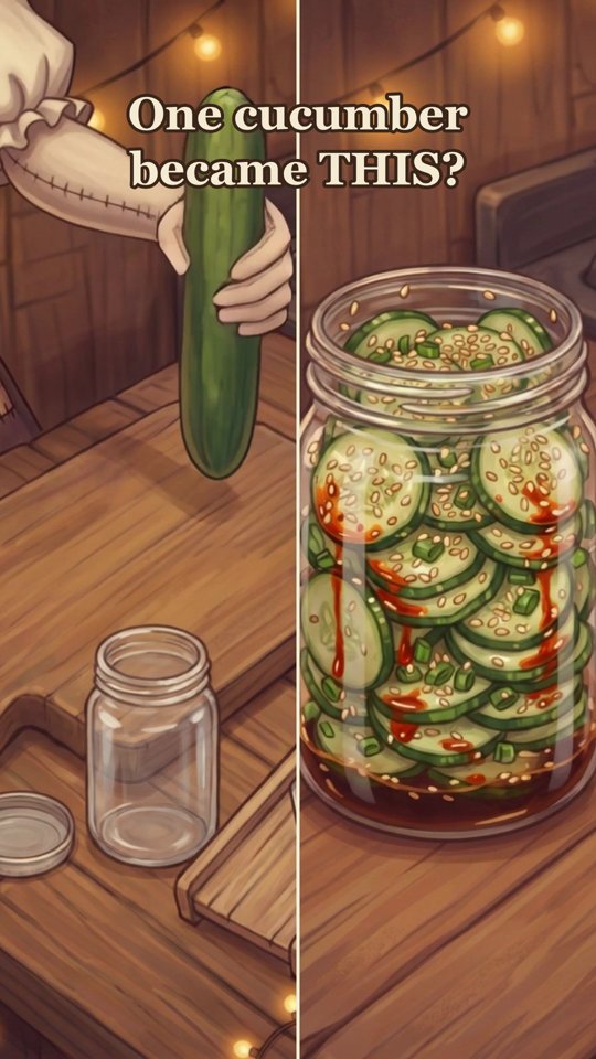 Opening frame of Belle's cucumber salad reel, split in two: on the left Belle's stitched cloth hand holds up a whole cucumber over a wooden board beside an empty glass jar and its lid; on the right the same jar packed with thin cucumber slices in dark soy and chili oil, flecked with green onion and sesame seeds, under the words &ldquo;One cucumber became THIS?&rdquo;.
