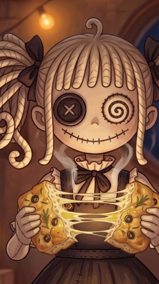 Belle, the stitched rag doll with yarn pigtails, pulls apart a golden olive and rosemary focaccia, the soft inside stretching between her hands.