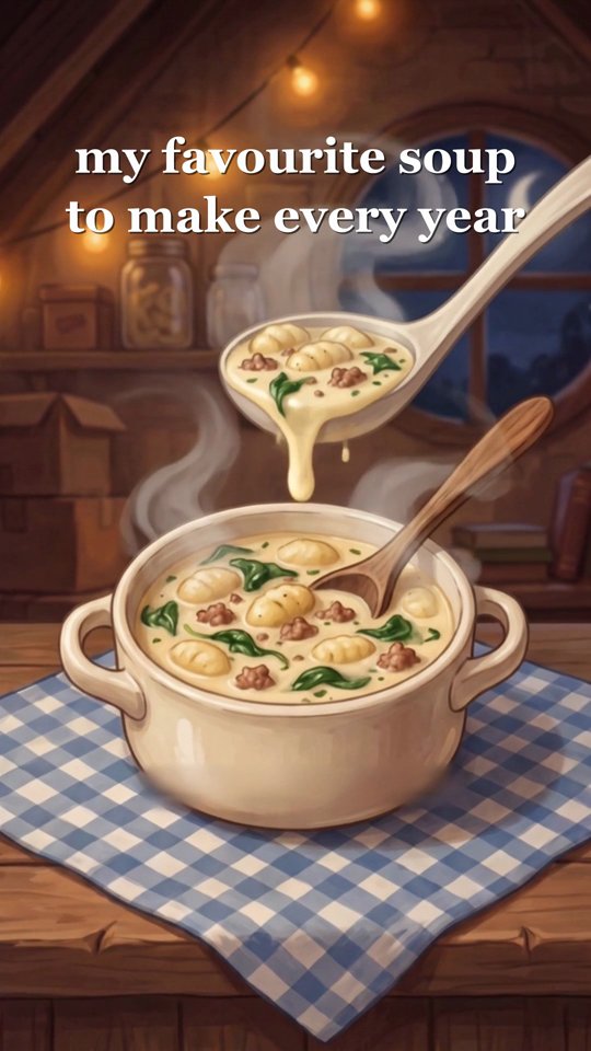 Opening frame of Belle's gnocchi soup reel: a ladle lifting creamy gnocchi soup with spinach and sausage out of a cream pot on a blue gingham cloth, steam rising, with the words &ldquo;my favourite soup to make every year&rdquo;.