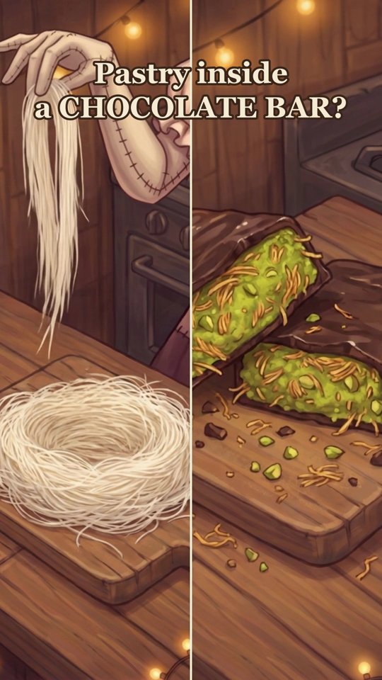 Opening frame of Belle's knafeh chocolate bar reel, split in two: on the left Belle's stitched cloth hand lifts strands of pale shredded kataifi pastry above a nest of it on a wooden board; on the right a dark chocolate bar broken open to show a bright green pistachio and toasted pastry filling, scattered with chopped pistachios, under the words &ldquo;Pastry inside a CHOCOLATE BAR?&rdquo;.