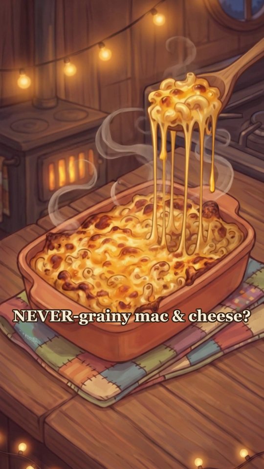 Opening of Belle's mac and cheese reel: a wooden spoon lifts a long cheese pull from a bubbling, golden baked dish of mac and cheese on a patchwork cloth, with the words &ldquo;NEVER-grainy mac & cheese?&rdquo;.