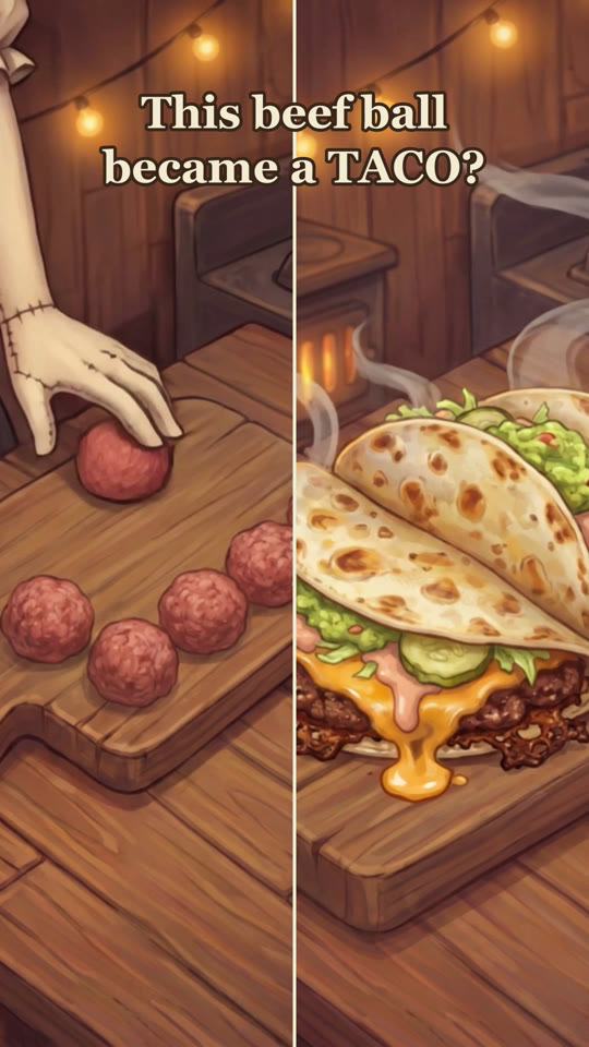Opening frame of Belle's smash tacos reel, split in two: on the left Belle's stitched cloth hand sets a ball of raw beef among four others on a wooden board; on the right a steaming smash taco with crisp tortilla, beef, melted cheese, pickles, lettuce and guacamole, under the words &ldquo;This beef ball became a TACO?&rdquo;.