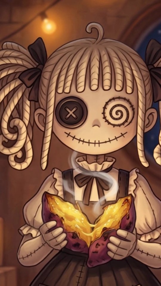 Belle, the stitched rag doll with yarn pigtails, holds a roasted sweet potato split open to show soft golden flesh, steam rising.