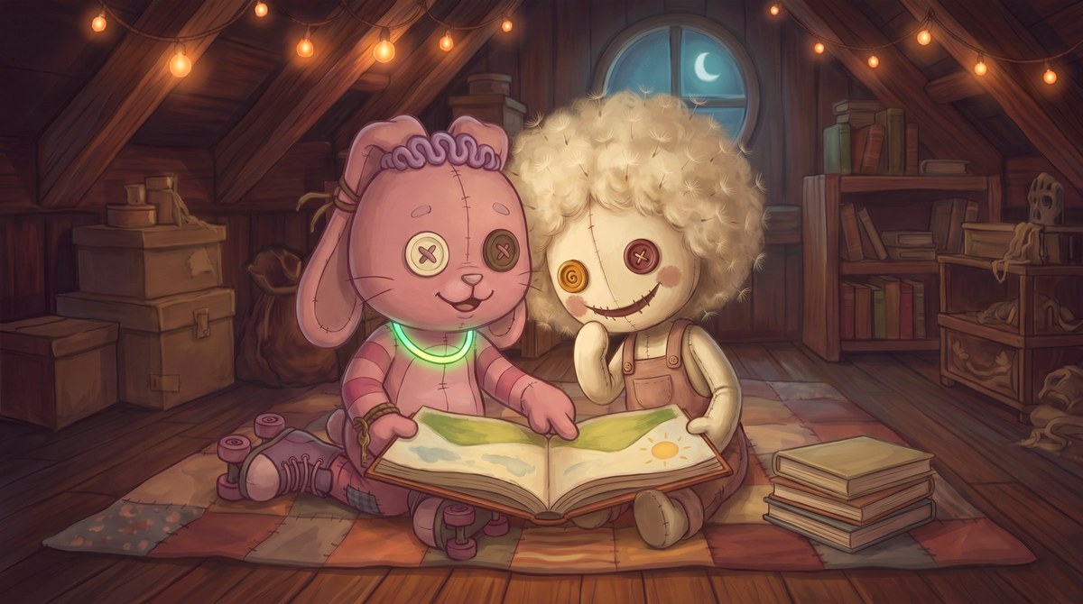 Neon Ricochet and Dandelion Mend share a picture book on the attic quilt.