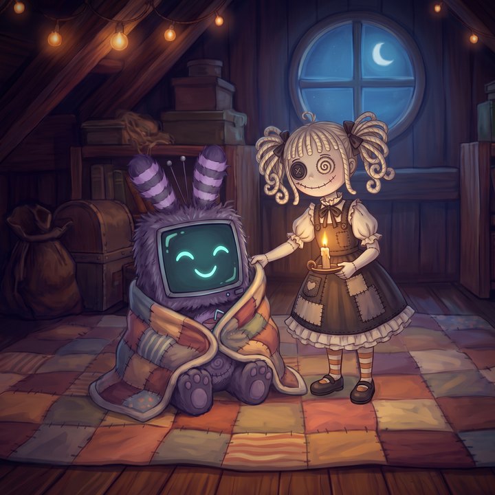 Hollow Belle, candle in hand, tucks a patchwork blanket around a happy, sleepy Static on the attic quilt.