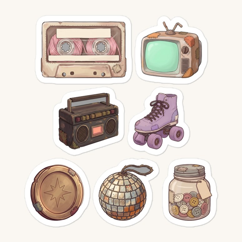 Preview sheet of seven 80s object stickers: a cassette tape, a patched television, a boombox, a purple roller skate, a bronze arcade token, a disco ball and a jar of buttons.