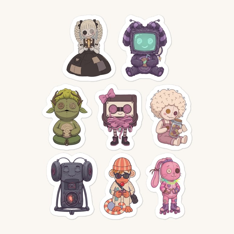 Preview sheet of eight attic toy character stickers: a button-eyed doll in a patched dress, a purple television-headed bear, a green seated creature with antlers, a cassette creature with a pink bow, a curly-haired doll holding a button jar, a speaker-bodied robot with headphones, a monkey in a striped beanie and a pink roller-skating bunny.