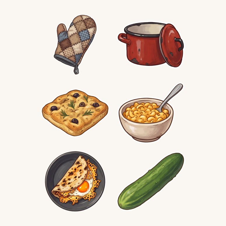 Preview sheet of six kitchen stickers: a patchwork oven mitt, a chipped red enamel pot with its lid, a loaf of olive focaccia, a bowl of macaroni and cheese, a tortilla wrap with a fried egg on a dark plate and a cucumber.