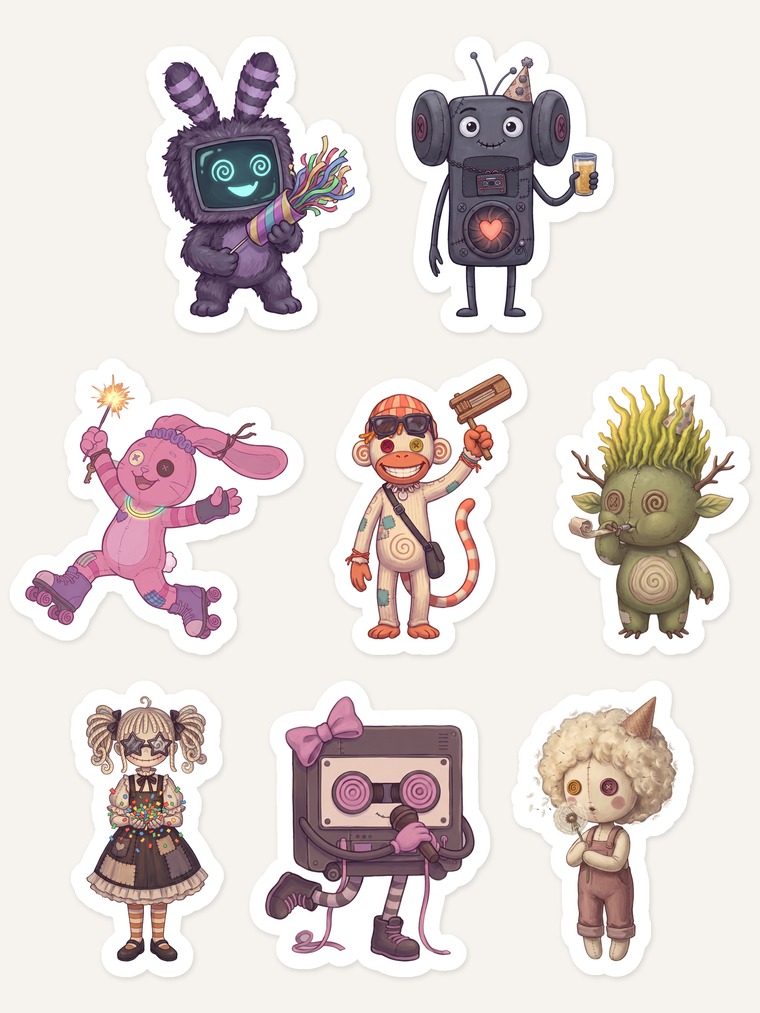 Preview sheet of eight midnight-party attic toy stickers: a television-headed creature with a streamer horn, a robot in a party hat raising a glass, a bunny waving a sparkler, a monkey with a noisemaker, a leafy creature blowing a party blower, a doll in a garland of lights, a bow-wearing cassette trailing streamers, and a curly-haired doll in a party hat.