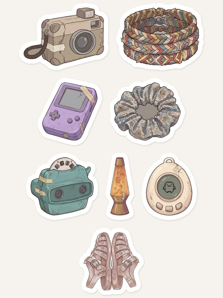 Preview sheet of eight 90s object stickers: a taped-up film camera, a braided friendship bracelet, a cracked handheld game, a patched scrunchie, a viewfinder toy, a lava lamp, an egg-shaped digital pet and a pair of gladiator sandals.