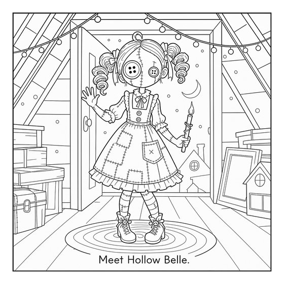 Line art page: Hollow Belle stands in an attic doorway holding a lit candle.