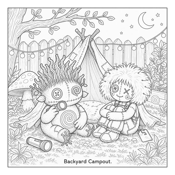 Line art page: two toys sit outside a garden tent at night with a torch and a string of lights.