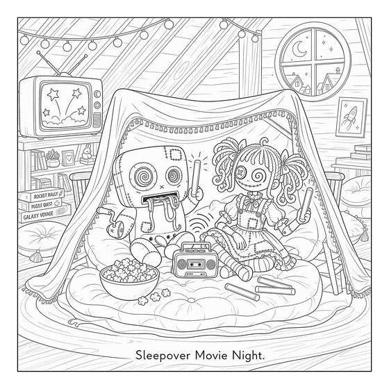 Line art page: a blanket fort in the attic, two toys inside with popcorn and a boombox.