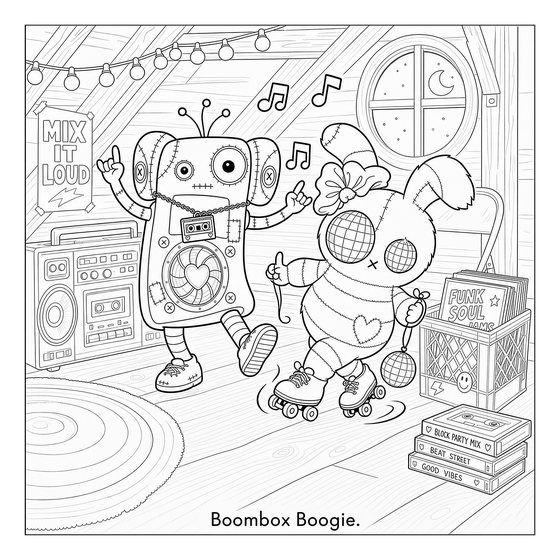 Line art page: Boombeau and a bunny on roller skates dancing beside stacked boomboxes and records.