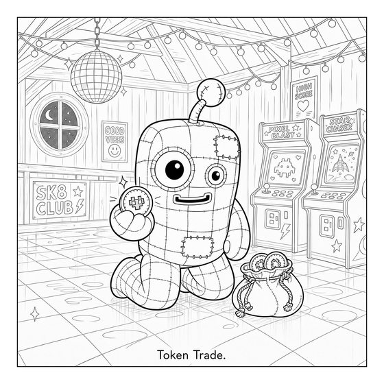 Line art page: a blocky patchwork toy holds up an arcade token beside a row of arcade cabinets.