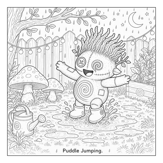 Line art page: Tanglewood splashes in a puddle in the rain, arms out, toadstools behind.