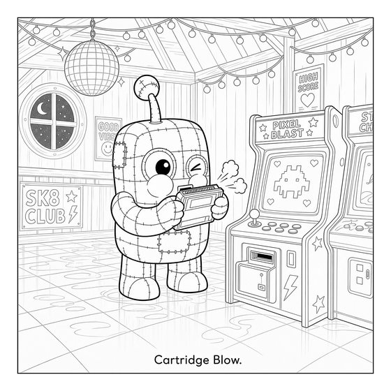 Line art page: a blocky toy blows into a game cartridge in front of lit arcade machines.