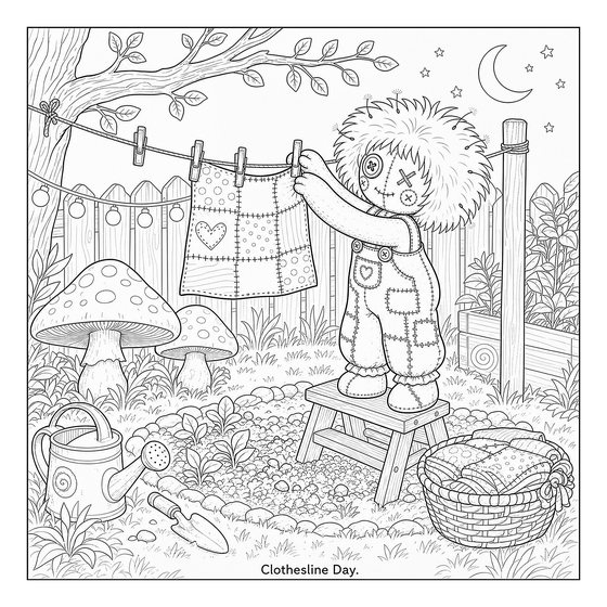 Line art page: a dandelion-haired toy on a stool pegs washing to a garden clothesline.