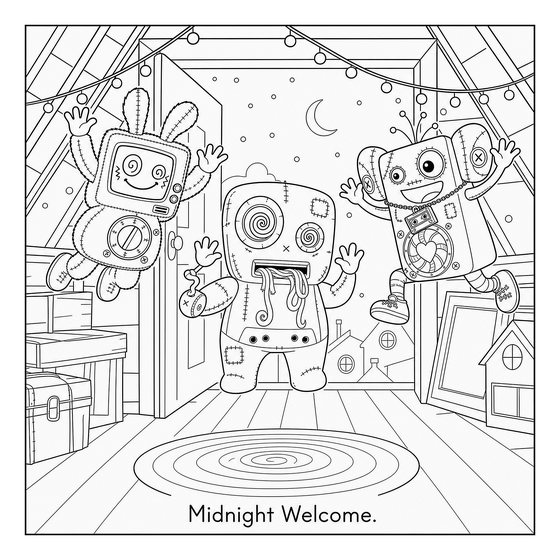 Line art page: three toys wave from an attic doorway at night, a crescent moon behind them.